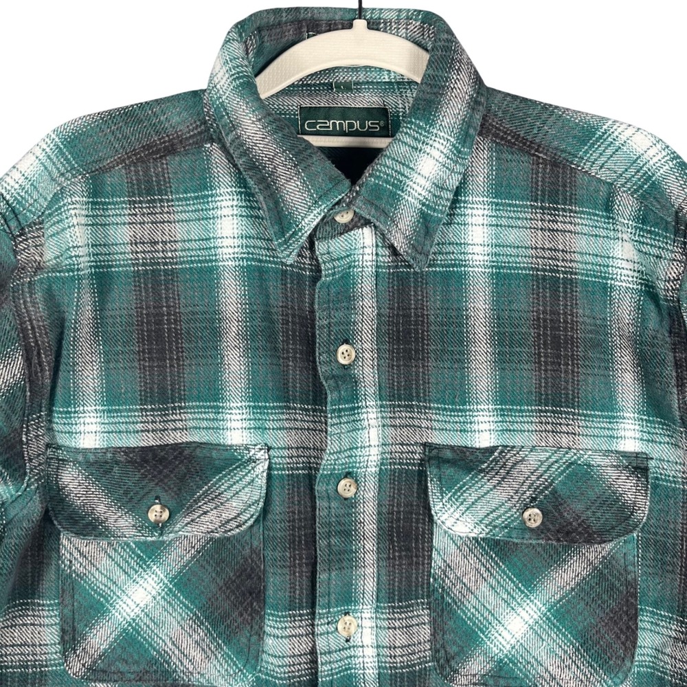 VTG Campus Flannel Shirt Mens L Green Plaid Extra Heavy Weight Cotton Button Up